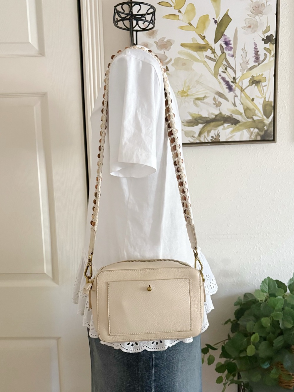 Madewell The Transport Camera Bag Ivory Leather Crochet Bead & Crossbody Strap